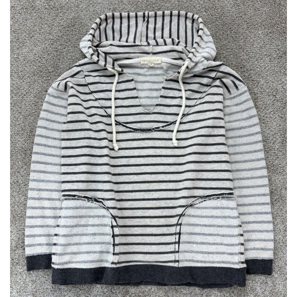 Love Stitch Striped Hoodie Womens M Mixed Knit V-Neck Raw-Edge Pocket Beach Boho